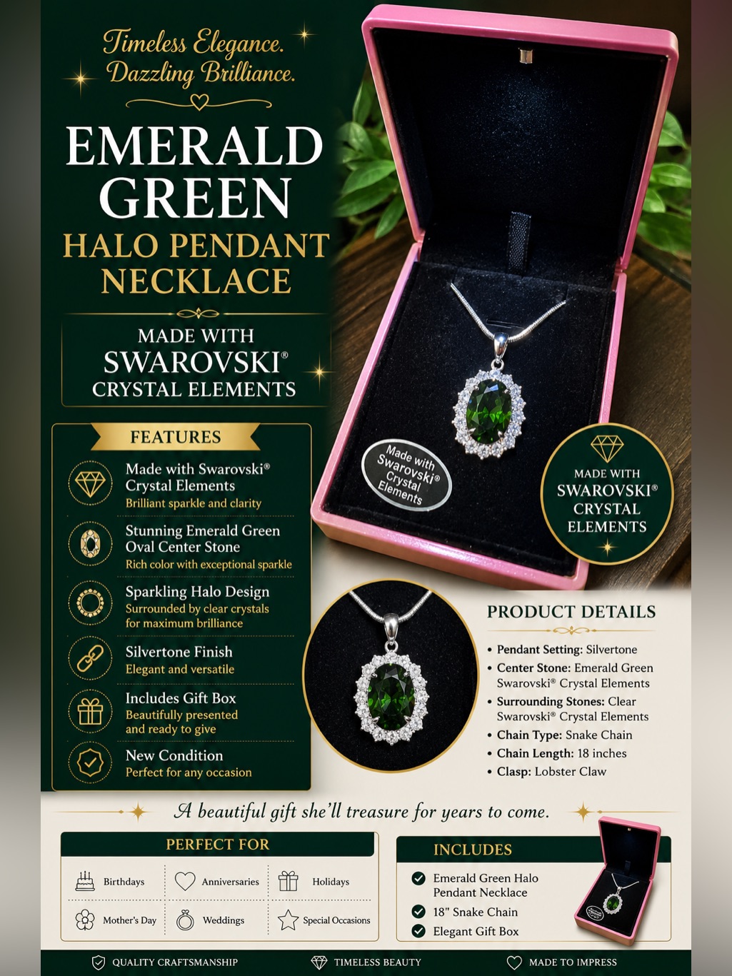 Swarovski Made Emerald Green Halo Pendant Necklace